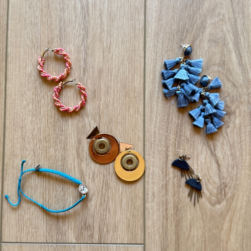 Jewelry Bundle — 4 Pairs of Earrings + Bracelet | Blue, Gold, Pink, Orange